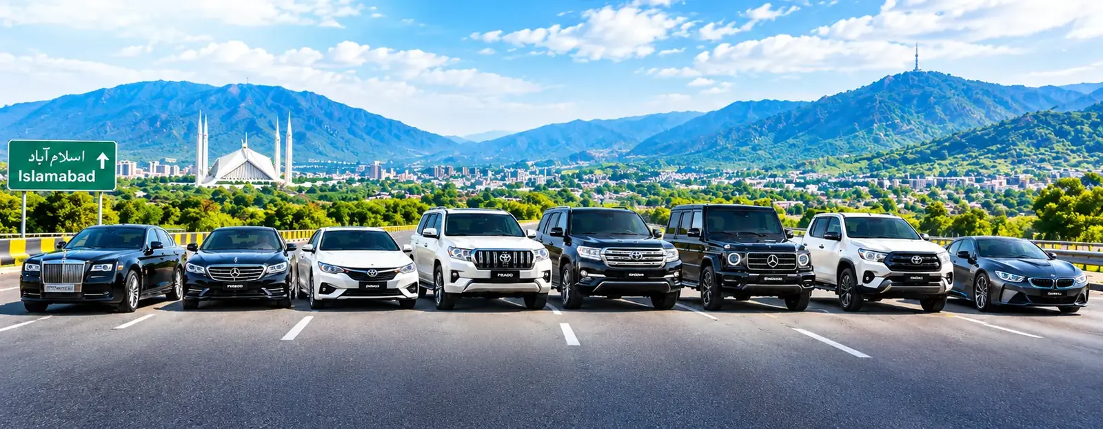 A lineup of premium and economy rental cars from Huzaifa Enterprises on the highway with the Islamabad skyline and Margalla Hills in the background