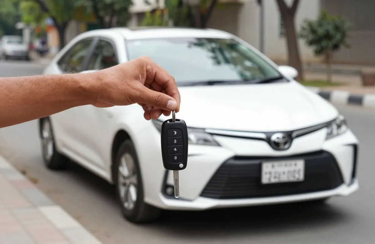 Handing over car keys for a self-drive rental in Islamabad
